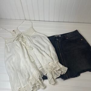 Free People White Tassel Embroidered Boho Top & Black Front Zip Denim Skirt 8